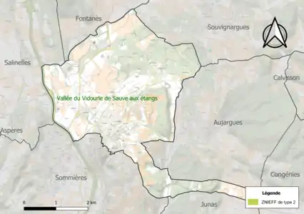 Carte de la ZNIEFF de type 2 sur la commune.