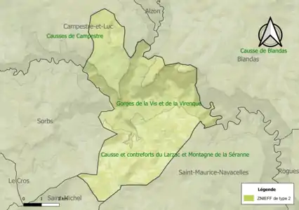 Carte des ZNIEFF de type 2 sur la commune.