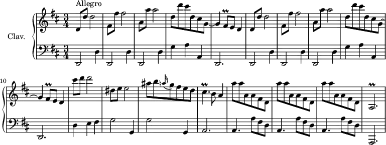 
\version "2.18.2"
\header {
  tagline = ##f
  % composer = "Domenico Scarlatti"
  % opus = "K. 389"
  % meter = "Allegro"
}
%% les petites notes
trillFisq       = { \tag #'print { fis8\prall } \tag #'midi { g32 fis g fis } }
trillAbp        = { \tag #'print { a2.\prall  } \tag #'midi { b32 a b a~ a8~ a2 } }
trillCisp       = { \tag #'print { cis4.\prall } \tag #'midi { d32 cis d cis~ cis4 } }
upper = \relative c'' {
  \clef treble 
  \key d \major
  \time 3/4
  \tempo 4 = 132
  \set Staff.midiInstrument = #"harpsichord"
  \override TupletBracket.bracket-visibility = ##f
      s8*0^\markup{Allegro}
      \repeat unfold 2 { d,8 d' d2 | fis,8 fis' fis2 | a,8 a' a2 | d,8 d' cis d, cis g~ | g4 \trillFisq e8 d4 } |
      % ms. 11
      cis''8 d d2 | dis,8 e e2 | ais8 b  \appoggiatura a16 g8 fis e d | \trillCisp b8 a4 | \repeat unfold 3 { a'8 a a, a fis d } |
      % ms. 18
      \trillAbp 
      % ms. 21
}
lower = \relative c' {
  \clef bass
  \key d \major
  \time 3/4
  \set Staff.midiInstrument = #"harpsichord"
  \override TupletBracket.bracket-visibility = ##f
    % ************************************** \appoggiatura a16  \repeat unfold 2 {  } \times 2/3 { }   \omit TupletNumber 
      \repeat unfold 2 { \repeat unfold 3 { d,,2 d'4 } | g4 a a, | d,2. } |
      % ms. 11
      d'4 e fis | \repeat unfold 2 { g2 g,4 } | a2. | \repeat unfold 3 { a4. a'8 fis d } |
      % ms. 18
      a,2. 
      % ms. 21
}
thePianoStaff = \new PianoStaff <<
    \set PianoStaff.instrumentName = #"Clav."
    \new Staff = "upper" \upper
    \new Staff = "lower" \lower
  >>
\score {
  \keepWithTag #'print \thePianoStaff
  \layout {
      #(layout-set-staff-size 17)
    \context {
      \Score
     \override SpacingSpanner.common-shortest-duration = #(ly:make-moment 1/2)
      \remove "Metronome_mark_engraver"
    }
  }
}
\score {
  \keepWithTag #'midi \thePianoStaff
  \midi { }
}
