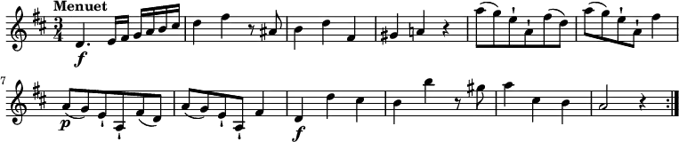 
 \relative c' { 
         \version "2.18.2"
         \clef "treble" 
         \tempo "Menuet" 
         \key d \major
         \time 3/4
                  d4. \f e16 fis g a b cis
                  d4 fis4 r8 ais,8
                  b4 d fis,
                  gis a! r4
                  a'8 (g) e-! a,-! fis' (d)
                  a'8 (g) e-! a,-! fis'4    
                  a,8\p (g) e-! a,-! fis' (d)
                  a'8 (g) e-! a,-! fis'4
                  d4\f d' cis
                  b b' r8 gis8
                  a4 cis, b
                  a2 r4 \bar ":|."
}
