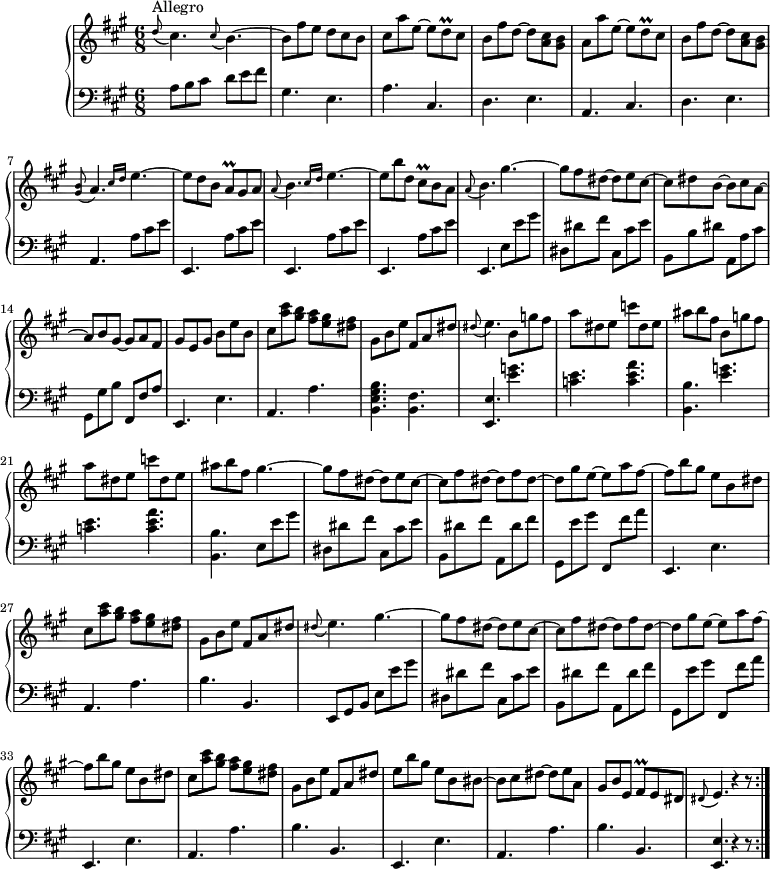 
\version "2.18.2"
\header {
  tagline = ##f
  % composer = "Domenico Scarlatti"
  % opus = "K. 269"
  % meter = "Allegro"
}
%% les petites notes
appoA       = { \tag #'print { \appoggiatura < gis b >8 a4. } \tag #'midi { < gis b >4   \tempo 4. = 35 a8   \tempo 4. = 82 } }
appoE       = { \tag #'print { \appoggiatura dis8 e4. } \tag #'midi { dis4  \tempo 4. = 35 e8   \tempo 4. = 82 } }
appoEsa     = { \tag #'print { \appoggiatura dis8 e4. } \tag #'midi { dis4  \tempo 4. = 60 e8   \tempo 4. = 82 } }
trillDq     = { \tag #'print { d8\prall } \tag #'midi { e32 d e d } }
trillAq     = { \tag #'print { a8\prall } \tag #'midi { b32 a b a } }
trillCisq   = { \tag #'print { cis8\prall } \tag #'midi { d32 cis d cis } }
trillFisq   = { \tag #'print { fis8\prall } \tag #'midi { gis32 fis gis fis } }
appoB       = { \tag #'print { \appoggiatura a8 b4. } \tag #'midi { a4  \tempo 4. = 35 b8   \tempo 4. = 82 } }
upper = \relative c'' {
  \clef treble 
  \key a \major
  \time 6/8
  \tempo 4. = 82
  \set Staff.midiInstrument = #"harpsichord"
  \override TupletBracket.bracket-visibility = ##f
  \repeat volta 2 {
      s8*0^\markup{Allegro}
      \appoggiatura d8 cis4. \appoggiatura cis8 b4.~ | b8 fis' e d cis b | cis a' e~ e \trillDq cis8 | b fis' d~ d < a cis >8 < gis b > |
      % ms. 5
      a8 a' e~ e \trillDq cis8 | b fis' d~ d < a cis >8 < gis b > | \appoA \grace {   \tempo 4. = 56 cis16 d } \tempo 4. = 82 e4.~ | e8 d b \trillAq gis a \appoB \grace {   \tempo 4. = 56 cis16 d } \tempo 4. = 82 e4.~
      % ms. 10
      e8 b' d, \trillCisq b8 a | \appoB gis'4.~ | gis8 fis dis~ dis e cis~ | cis dis b~ b cis a~ | a b gis~ gis a fis |
      % ms. 15
      gis8 e gis b e b | cis < a' cis >8 < gis b > < fis a > < e gis > < dis fis > | gis,8 b e fis, a dis | \appoE \repeat unfold 2 { b8 g' fis | a dis, e c' dis, e |
      % ms. 20
      ais8 b fis } gis4.~ | gis8 fis dis~ dis e cis~ | cis fis dis~ dis fis dis~ |
      % ms. 25
      dis8 gis e~ e a fis~ | fis b gis e b dis | cis < a' cis >8 < gis b > < fis a > < e gis > < dis fis > | gis,8 b e fis, a dis | \appoEsa gis4.~ |
      % ms. 30
      gis8 fis dis~ dis e cis~ | cis fis dis~ dis fis dis~ | dis gis e~ e a fis~ | fis b gis e b dis | cis < a' cis >8 < gis b > < fis a > < e gis > < dis fis > |
      % ms. 35
       gis,8 b e fis, a dis | e b' gis e b bis~ | bis cis dis~ dis e a, | gis b e, \trillFisq e8 dis | \appoE r4 r8 }%reprise
}
lower = \relative c' {
  \clef bass
  \key a \major
  \time 6/8
  \set Staff.midiInstrument = #"harpsichord"
  \override TupletBracket.bracket-visibility = ##f
  \repeat volta 2 {
    % ************************************** \appoggiatura a16  \repeat unfold 2 {  } \times 2/3 { }   \omit TupletNumber 
           \grace s8 a8 b cis d e fis | gis,4. e | a cis, | d e |
      % ms. 5
      a,4. cis | d e | a, a'8 cis e | \repeat unfold 3 { e,,4. a'8 cis e } | 
      % ms. 11
      e,,4. e'8 e' gis | dis, dis' fis cis, cis' e | b, b' dis a, a' cis | gis, gis' b fis, fis' a |
      % ms. 15
      e,4. e' | a, a' | < b, e gis b >4. < b fis' > | < e, e' >4. \repeat unfold 2 { < e'' g > | < c e > < c e a > |
      % ms. 20 et 22 suite…
      < b, b' >4. } e8 e' gis | dis, dis' fis cis, cis' e | b, dis' fis a,, dis' fis |
      % ms. 25
      gis,,8 e'' gis fis,, fis'' a | e,,4. e' | a, a' | b b, | e,8 gis b e e' gis |
      % ms. 30
      dis,8 dis' fis cis, cis' e | b, dis' fis a,, dis' fis | gis,, e'' gis fis,, fis'' a | \repeat unfold 2 { e,,4. e' | a, a' |
      % ms. 35
      b4. b, } | < e, e' >4. r4 r8 }%reprise
}
thePianoStaff = \new PianoStaff <<
    \set PianoStaff.instrumentName = #"Clav."
    \new Staff = "upper" \upper
    \new Staff = "lower" \lower
  >>
\score {
  \keepWithTag #'print \thePianoStaff
  \layout {
      #(layout-set-staff-size 17)
    \context {
      \Score
     \override SpacingSpanner.common-shortest-duration = #(ly:make-moment 1/2)
      \remove "Metronome_mark_engraver"
    }
  }
}
\score {
  \unfoldRepeats
  \keepWithTag #'midi \thePianoStaff
  \midi { }
}
