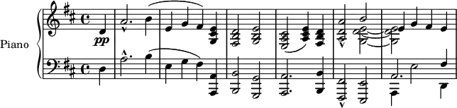 
\version "2.14.2"
\header {
  tagline = ##f
}
upper = \relative c' {
  \clef treble 
  \key d \major
  \time 4/4
  \tempo 4 = 73
  %\autoBeamOff
  \partial 4 d4\pp a'2.-^ b4( e, g fis) < e cis g >4
  < d b fis >2 < e b g > < cis a e >( < e cis a >4) < d b fis >
  < a' a, d>2-^ 
  << { b2 }  \\ { < e, d g, >2~ } >>
  << { e4 g fis e }  \\ { < e d g, >2~ } >>
}
lower = \relative c {
  \clef bass
  \key d \major
  \time 4/4
   \partial 4 d4 a'2.-^ b4( e, g fis)
   < a, a, >4 < b b, >2 < g g, > < a a, >2. < b b, >4 < fis-^ fis, >2 < e e, >
   << { a2. fis'4 }  \\ { a,,4 e''2 d,4 } >>
} 
\score {
  \new PianoStaff <<
    \set PianoStaff.instrumentName = #"Piano"
    \new Staff = "upper" \upper
    \new Staff = "lower" \lower
  >>
  \layout {
    \context {
      \Score
      \remove "Metronome_mark_engraver"
    }
  }
  \midi { }
}
