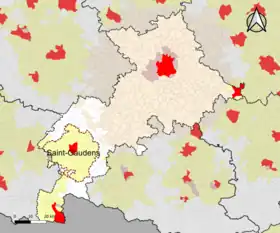 Localisation de l'aire d'attraction de Saint-Gaudens dans le département de la Haute-Garonne.