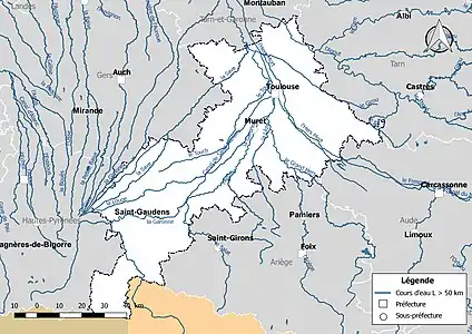 Carte des cours d'eau de longueur supérieure à 50 km de la Haute-Garonne.