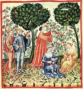 Miniature représentant deux arbres, trois hommes debout et deux femmes assises.