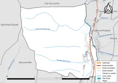 Carte en couleur présentant le réseau hydrographique de la commune