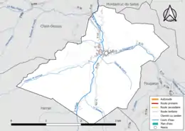 Carte en couleur présentant le réseau hydrographique de la commune