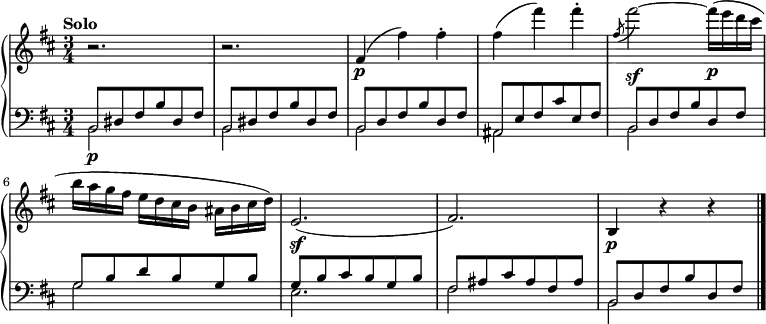 
  \new PianoStaff <<
    \new Staff = "up" \relative c' {
  \clef treble 
  \key b \minor
  \time 3/4
  \tempo "Solo"
  r2. r2.
   fis4 
  \p (fis') fis-. |
   fis (fis') fis-. | 
   \slashedGrace fis,8 (fis'2~ \sf)  fis16 \p (e d cis |
   b a g fis e d cis b ais b cis d) |
   e,2. \sf (|
   fis) |
   b,4 \p r4 r4 |
   \bar "|."
}
    \new Staff = "down" \relative c {
  \clef bass
  \time 3/4
  \key b \minor
  \mergeDifferentlyHeadedOn 
   <<{b8 \p dis8 fis b dis, fis } \\ {b,2 } >> |
   <<{b8 dis8 fis b dis, fis } \\ {b,2 } >> |
   <<{b8 d8 fis b d, fis } \\ {b,2 } >> |
   <<{ais8 e'8 fis cis' e, fis } \\ {ais,2 } >> |
   <<{b8 d8 fis b d, fis } \\ {b,2 } >> |
   <<{g'8 b d b g b } \\ {g2 } >> |
   <<{g8 b cis b g b } \\ {e,2. } >> |
   <<{fis8 ais cis ais fis ais } \\ {fis2 } >> |
   <<{b,8 d8 fis b d, fis } \\ {b,2 } >> |
   \bar "|."
}
  >>
