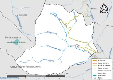 Carte en couleur présentant le réseau hydrographique de la commune