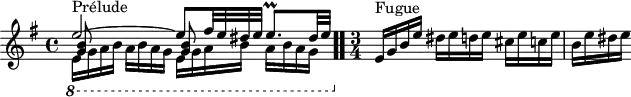 
\version "2.18.2"
\header {
  tagline = ##f
}
\score {
  \new Staff \with {
%fontSize = #-2
  }
<<
  \relative c'' {
    \key e \minor
    \time 4/4
	\set Staff.midiInstrument = #"harpsichord" 
     %% INCIPIT CBT I-10, BWV 855, mi mineur
     << { e2~^\markup{Prélude} e8 fis32 e dis e e8.\prall dis32 e | } \\ { \set Staff.ottavation = #"8" \once \override Staff.OttavaBracket.direction = #DOWN \repeat unfold 2 { e,16 g a b a b a g } \unset Staff.ottavation } \\ { \repeat unfold 2 { < b g >8 s8 s4 }} >> \bar ".."
     \time 3/4
      e,16^\markup{Fugue} g b e dis e d e cis e c e | b e dis e
  }
>>
  \layout {
     \context { \Score \remove "Metronome_mark_engraver" 
     \override SpacingSpanner.common-shortest-duration = #(ly:make-moment 1/2) 
}
  }
  \midi {}
}
