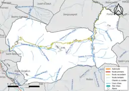 Carte en couleur présentant le réseau hydrographique de la commune