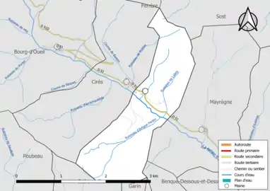 Carte en couleur présentant le réseau hydrographique de la commune