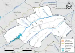 Carte en couleur présentant le réseau hydrographique de la commune