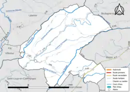 Carte en couleur présentant le réseau hydrographique de la commune