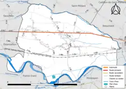 Carte en couleur présentant le réseau hydrographique de la commune