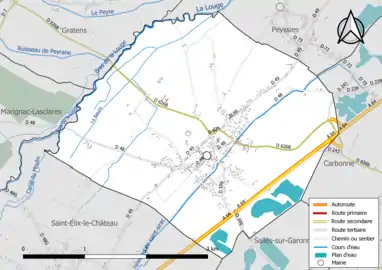 Carte en couleur présentant le réseau hydrographique de la commune