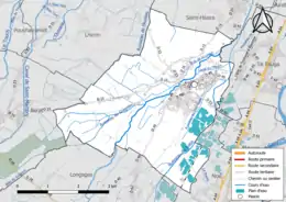 Carte en couleur présentant le réseau hydrographique de la commune