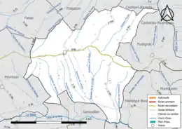 Carte en couleur présentant le réseau hydrographique de la commune