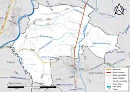 Carte en couleur présentant le réseau hydrographique de la commune