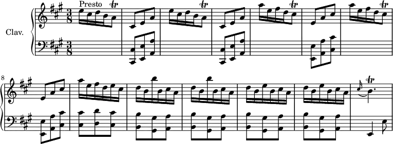 
\version "2.18.2"
\header { 
  tagline = ##f
  % composer = "Domenico Scarlatti"
  % opus = "K. 26"
  % meter = "Presto"
}
%% les petites notes
trillAq     = { \tag #'print { a8\trill } \tag #'midi { b32 a b a } }
trillCisq   = { \tag #'print { cis8\trill } \tag #'midi { d32 cis d cis } }
trillBp     = { \tag #'print { b4.\trill } \tag #'midi { cis32 b cis b~ b4 } }
upper = \relative c'' {
  \clef treble 
  \key a \major
  \time 3/8
  \tempo 4. = 72
  \set Staff.midiInstrument = #"harpsichord"
  \override TupletBracket.bracket-visibility = ##f
      s8*0^\markup{Presto}
      \repeat unfold 2 { e16 cis d b \trillAq | cis,8 e a } | \repeat unfold 2 { a'16 e fis d \trillCisq | e,8 a cis }
      % ms. 9
      a'16 e fis d e cis | \repeat unfold 2 { d b b' b, cis a } | \repeat unfold 2 { d b e b cis a } | \appoggiatura cis16 \trillBp
      % ms. 15
      % ms. 16
      % ms. 21
}
lower = \relative c' {
  \clef bass
  \key a \major
  \time 3/8
  \set Staff.midiInstrument = #"harpsichord"
  \override TupletBracket.bracket-visibility = ##f
    % ************************************** \appoggiatura a8  \repeat unfold 2 {  } \times 2/3 { }   \omit TupletNumber 
      \repeat unfold 2 { s4. | < cis,, cis' >8 < e e' > < a a' > } | \repeat unfold 2 { s4. | < e e' >8 < a a' > < cis cis' > }
      % ms. 9
      < cis cis' >8 < d d' > < cis cis' > | \repeat unfold 4 { < b b' >8 < gis gis' > < a a' > } | e4 e'8 |
      % ms. 15
      % ms. 16
      % ms. 21
}
thePianoStaff = \new PianoStaff <<
    \set PianoStaff.instrumentName = #"Clav."
    \new Staff = "upper" \upper
    \new Staff = "lower" \lower
  >>
\score {
  \keepWithTag #'print \thePianoStaff
  \layout {
      #(layout-set-staff-size 17)
    \context {
      \Score
     \override SpacingSpanner.common-shortest-duration = #(ly:make-moment 1/2)
      \remove "Metronome_mark_engraver"
    }
  }
}
\score {
  \keepWithTag #'midi \thePianoStaff
  \midi { }
}
