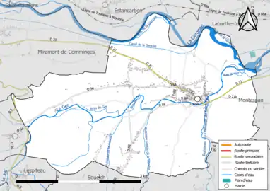 Carte en couleur présentant le réseau hydrographique de la commune