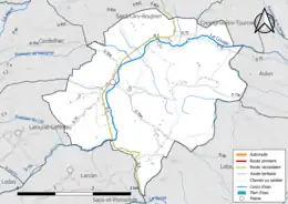 Carte en couleur présentant le réseau hydrographique de la commune