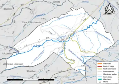 Carte en couleur présentant le réseau hydrographique de la commune