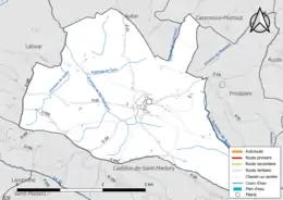 Carte en couleur présentant le réseau hydrographique de la commune