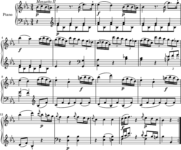 
\version "2.18.2"
\header {
  tagline = ##f
}
upper = \relative c' {
  \clef treble
  \key ees \major
  \time 3/4
  \tempo "Menuetto"
  \tempo 4 = 130
  %\autoBeamOff
  \partial 4 bes'16 \p ^\markup{ \italic {Menuetto II } } (c bes a) 
  bes4 r8. bes16 (ees8.) ees16-!
  ees4 \f (d) bes16 \p  (c bes a) 
  bes4 r8. bes16 (g'8.) g16-!
  bes4 \f (aes) aes16   (bes aes f) 
  g (aes g ees) \tuplet 3/2 {bes'8 aes g} \tuplet 3/2 {f ees des}
  c16 (des c aes) \tuplet 3/2 {c'8 bes aes} \tuplet 3/2 {g f ees!}
  f16 (g f c) \tuplet 3/2 {c'8 bes aes} \tuplet 3/2 {g f ees!}
  ees4 (d) f16 (g f d) 
  ees4-! c-! a'16 \f (bes a f)
  bes4 (d) f,16 \p (g f d)
  ees4-! c-! a'16 \f (bes a f)
  bes4 (d) \grace c16 (bes8) \p a16 g
  \grace g8 (f4) f \grace g16 (f8) ees16 d
  \grace d8 (c4) c c
  d32 \f (ees f8.) r4 \grace f16 (ees8) \p d16 c
  bes4 r \bar ":|."
}
lower = \relative c' {
  \clef bass
  \key ees \major
  \time 3/4
  \partial 4 r4
  \clef treble
  \set Staff.midiMinimumVolume = #0.2 \set Staff.midiMaximumVolume = #0.5
    <<{\stemDown \repeat unfold 3 {ees8 bes} \repeat unfold 3 {f' bes,} \repeat unfold 3 {ees8 bes } \repeat  unfold 3 {d bes}} 
    \\ {\stemUp g'4\p  g g aes aes aes g g g f f f}>> ees4 r4 
    \clef bass <g,, g'> <aes aes'> r <bes' des>
    <aes c> r <<{\stemDown a4 bes2} \\ {\stemUp \tuplet 3/2 {ees!8 f g} g4 ^(f)}>>
    \clef treble bes,8 (f') c (f es f) ees (f)
    d (f bes, f') bes, (f')
    c (f ees f) ees (f)
    d (f) bes,4-! r 
    \clef bass r <d, bes'>4 \p <d bes'>
    r <ees bes'> (<e bes'>)
    <<{ \stemDown f4 r f} \\ {\stemUp  bes32 (c f8.) s4 \grace d16 (c8) bes16 a }>>
    bes4 bes, \bar ":|."
}
\score {
  \new PianoStaff <<
    \set PianoStaff.instrumentName = #"Piano"
    \new Staff = "upper" \upper
    \new Staff = "lower" \lower
  >>
  \layout {
    \context {
      \Score
      \remove "Metronome_mark_engraver"
    }
  }
  \midi { }
}
