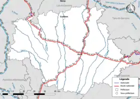 Carte du réseau routier national (autoroutes et routes nationales) dans le département du Gers