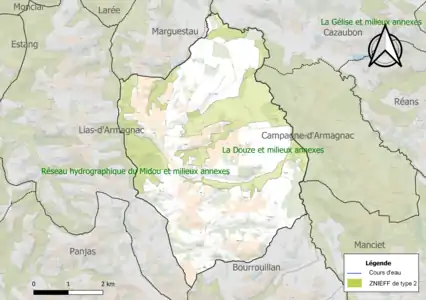 Carte de la ZNIEFF de type 2 sur la commune.