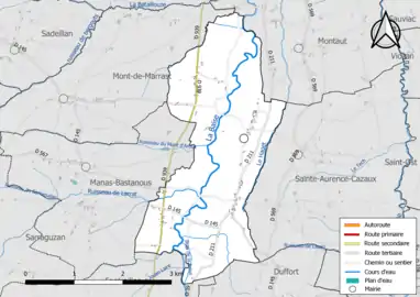 Carte en couleur présentant le réseau hydrographique de la commune