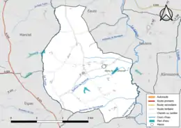 Carte en couleur présentant le réseau hydrographique de la commune