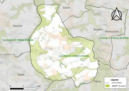 Carte de la ZNIEFF de type 2 sur la commune.