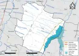 Carte en couleur présentant le réseau hydrographique de la commune