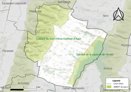 Carte des ZNIEFF de type 2 sur la commune.