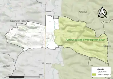 Carte de la ZNIEFF de type 2 sur la commune.