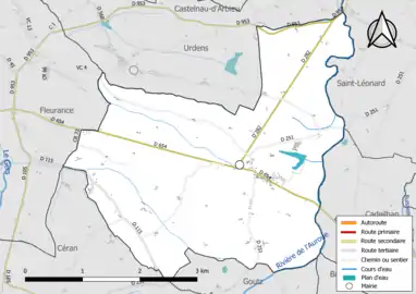 Carte en couleur présentant le réseau hydrographique de la commune