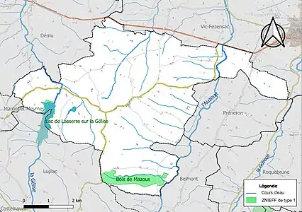 Carte des ZNIEFF de type 1 sur la commune.