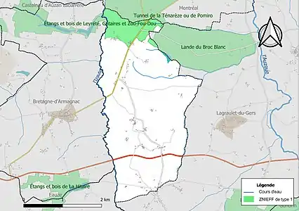 Carte des ZNIEFF de type 1 sur la commune.