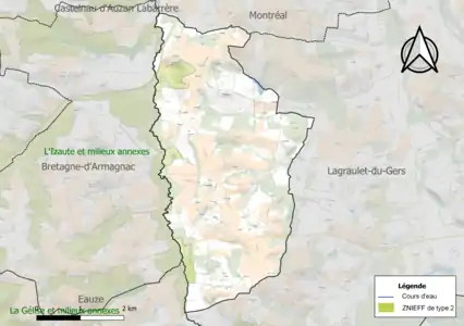 Carte de la ZNIEFF de type 2 sur la commune.