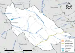 Carte en couleur présentant le réseau hydrographique de la commune