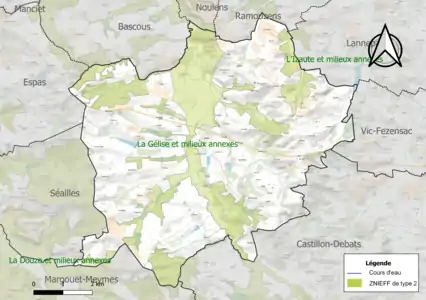 Carte des ZNIEFF de type 2 sur la commune.