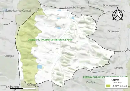 Carte de la ZNIEFF de type 2 sur la commune.