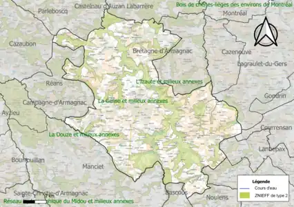 Carte des ZNIEFF de type 2 sur la commune.