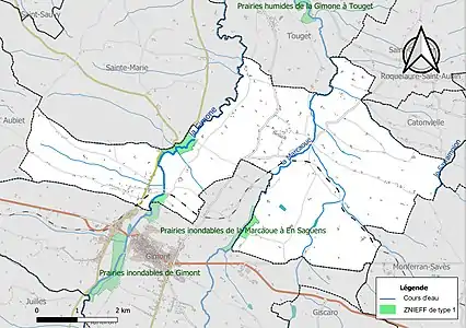 Carte des ZNIEFF de type 1 sur la commune.