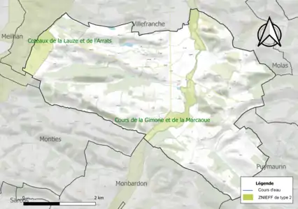 Carte des ZNIEFF de type 2 sur la commune.