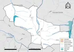 Carte en couleur présentant le réseau hydrographique de la commune