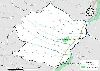 Carte des ZNIEFF de type 1 sur la commune.