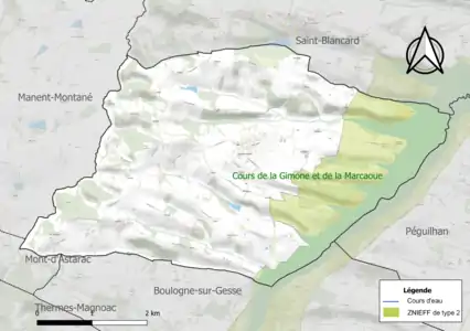 Carte de la ZNIEFF de type 2 sur la commune.